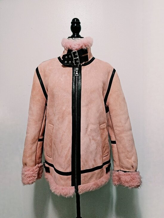 Jackets & Blazers - NewReal Sheepskin Shearling Lamb Fur Suede Leather Coat Jacket Pink Coral Biker
